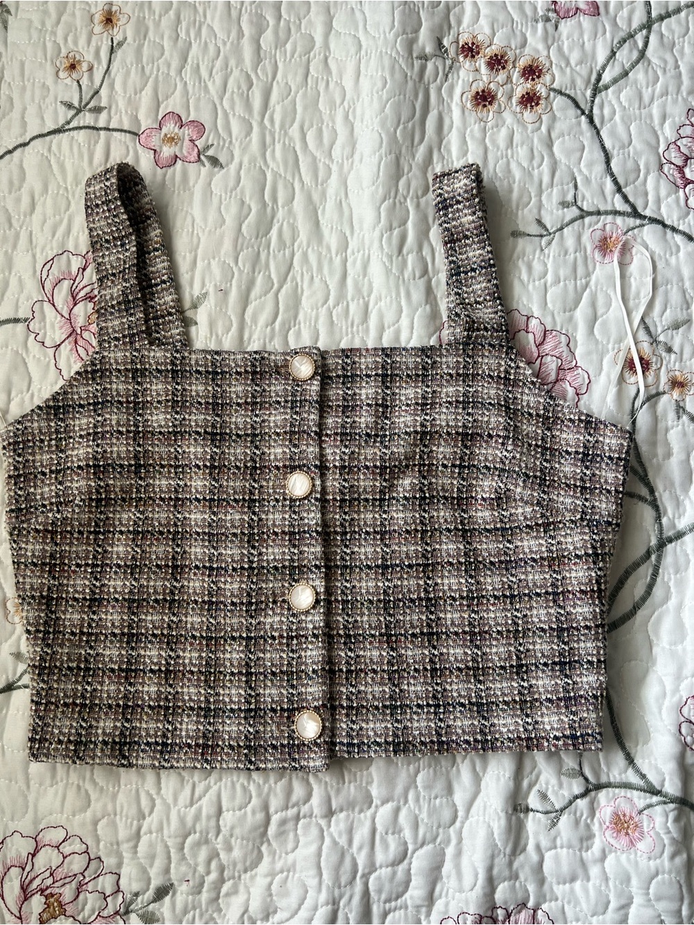 Business Tweed Button-Front Crop Tank Top - Brown
